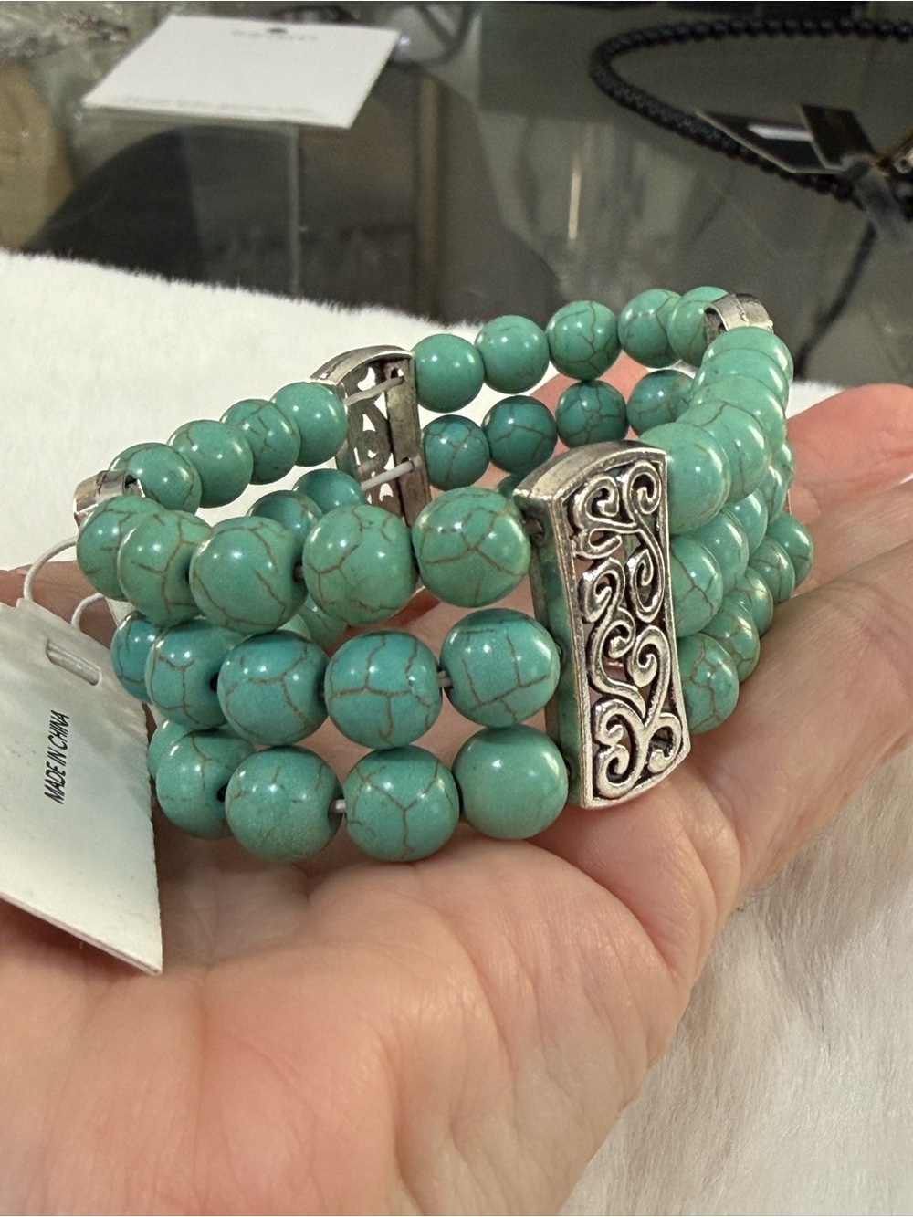 Susan Graver Turquoise Bead Multi-Row Stretch Bracelet with Silver Accents